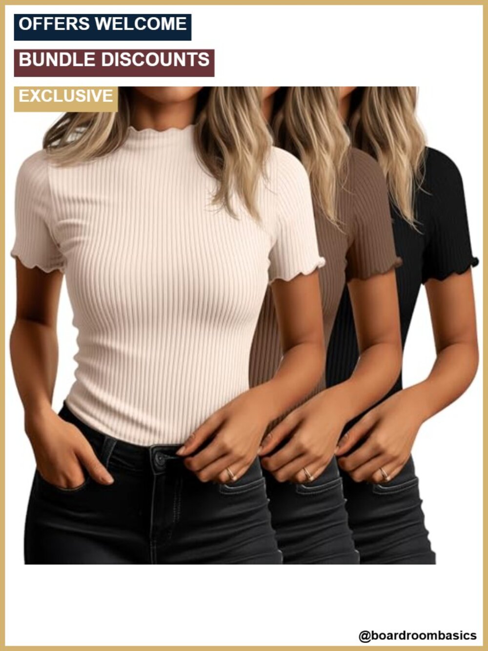 Mock Turtleneck Tops Short Sleeve Lettuce Trim Cotton Blend Slim Fit Tees 3 Pack